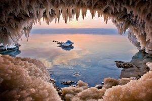 nature, Landscape, Water, Sea, Jordan (country), Dead Sea, Cave, Sunset, Salt, Reflection, Rock