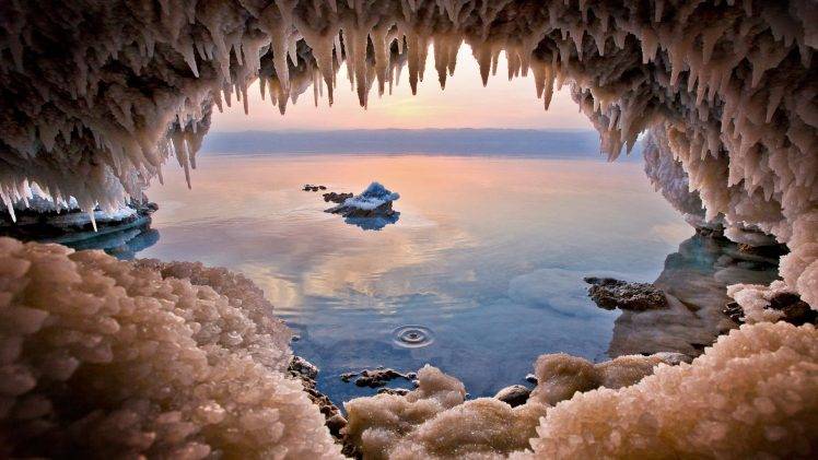 nature, Landscape, Water, Sea, Jordan (country), Dead Sea, Cave, Sunset, Salt, Reflection, Rock HD Wallpaper Desktop Background