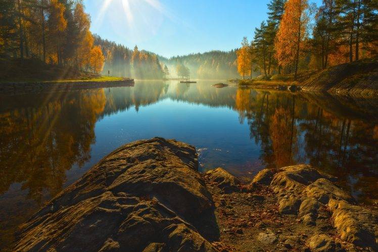 landscape, Rocks, Water, Trees, Sun, Nature, Lake, Reflections HD Wallpaper Desktop Background