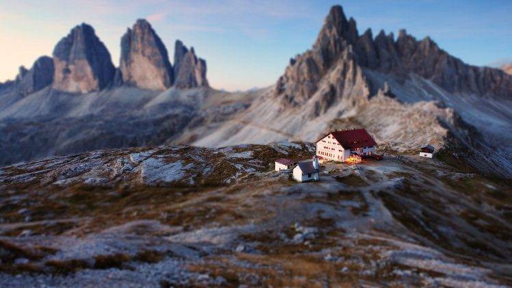 nature, Landscape, Mountains, Snow, Tilt Shift, Building, Dolomites (mountains), Italy HD Wallpaper Desktop Background