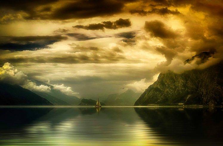 photography, Landscape, Nature, Lake, Mountains, Clouds, Sunset, Sailboats, Sky, Reflection, Calm HD Wallpaper Desktop Background