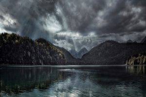 photography, Landscape, Nature, Sun Rays, Lake, Forest, Clouds, Mountains, Boat, Dark, Germany