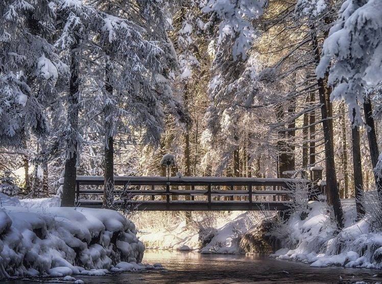 photography, Landscape, Nature, Winter, Bridge, River, Snow, Sunlight, Cold, Trees, Austria HD Wallpaper Desktop Background