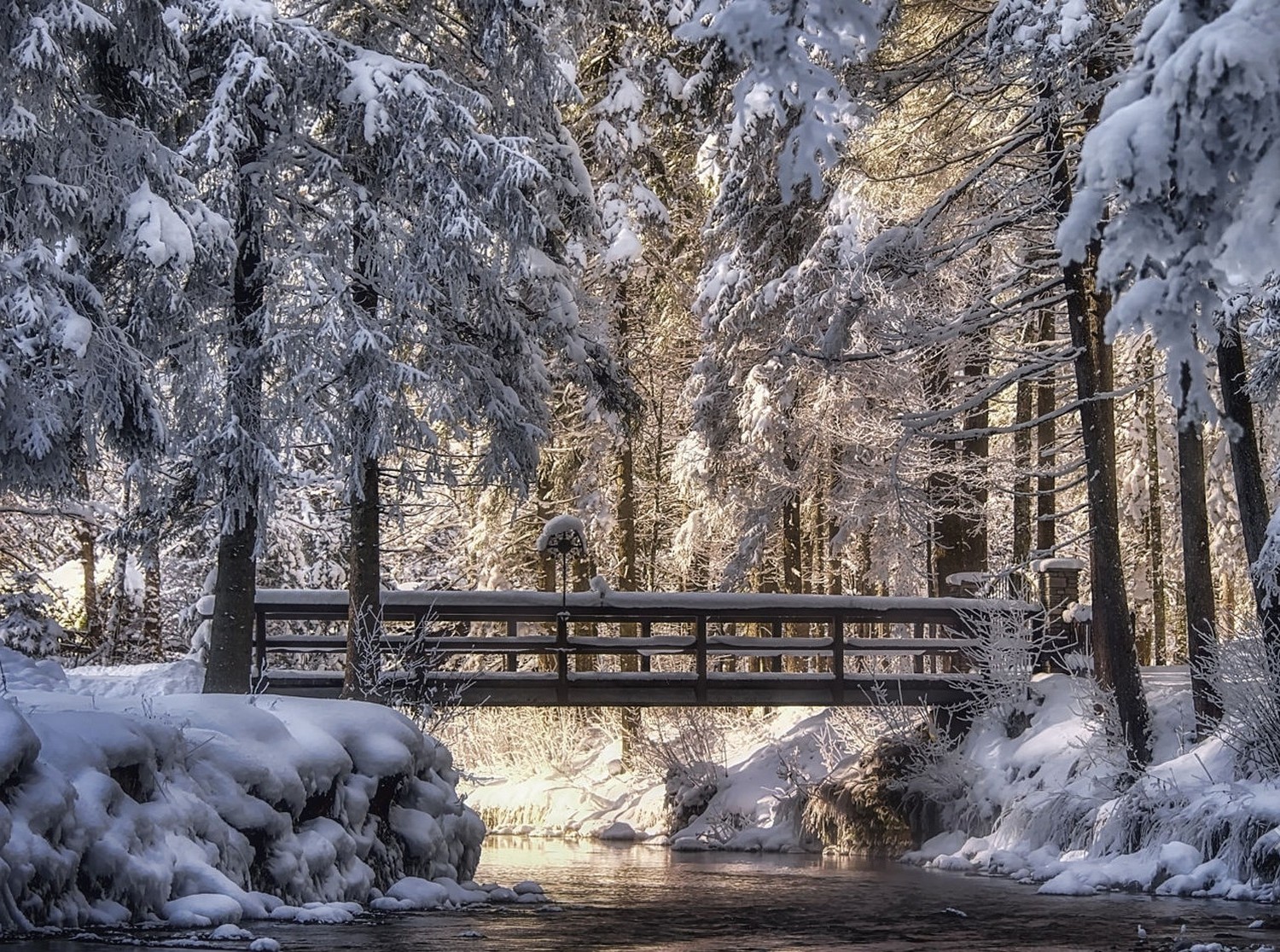 photography, Landscape, Nature, Winter, Bridge, River, Snow, Sunlight, Cold, Trees, Austria Wallpaper