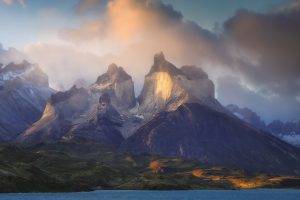 photography, Landscape, Nature, Morning, Sunlight, Mountains, Clouds, Lake, Road, Buses, Torres Del Paine, Patagonia, National Park, Chile