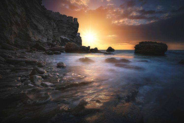 nature, Landscape, Sunset, Rocks, Water HD Wallpaper Desktop Background