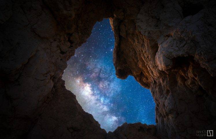 cave, Landscape, Rocks, Sky, Night, Stars, Milky Way, Galaxy HD Wallpaper Desktop Background