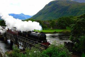 nature, Landscape, Trees, Scotland, UK, Vehicle, Steam Locomotive, Mountains, Forest, River, Bridge, Train, Railway, Grass, Smoke, Ruin, Hills