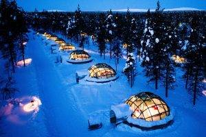 nature, Landscape, Trees, Forest, Winter, Snow, Evening, Lights, Igloo, Hotel, Modern, Pine Trees, Glass, Bed, Lapland, Finland, Romantic