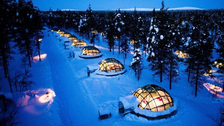 nature, Landscape, Trees, Forest, Winter, Snow, Evening, Lights, Igloo, Hotel, Modern, Pine Trees, Glass, Bed, Lapland, Finland, Romantic HD Wallpaper Desktop Background