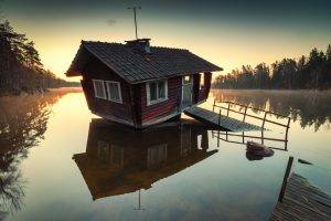 house, Water, Landscape, Reflection, Sweden, Trees