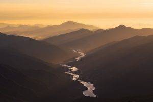 nature, Photography, Landscape, Morning, Sunlight, River, Sun Rays, Mist, Mountains, South Korea