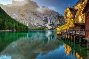 nature, Photography, Landscape, Lake, Morning, Sunlight, Mountains, Forest, Fall, Green, Water, Dock, Reflection, Italy