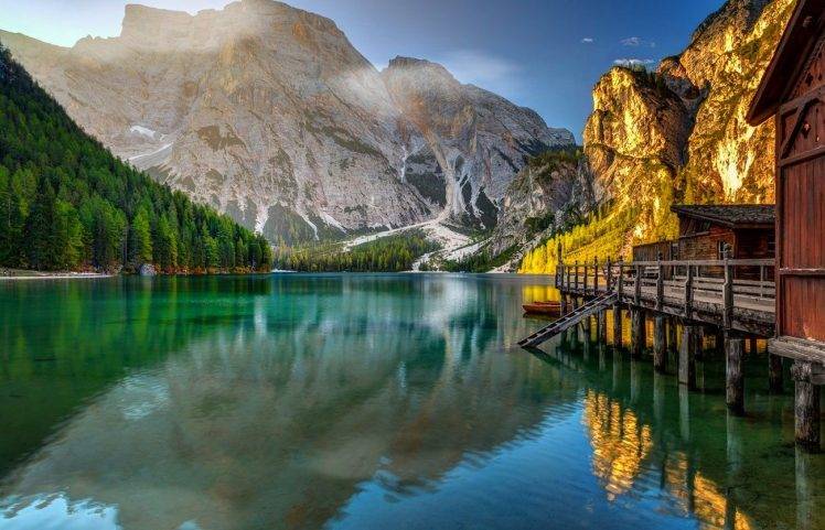 nature, Photography, Landscape, Lake, Morning, Sunlight, Mountains, Forest, Fall, Green, Water, Dock, Reflection, Italy HD Wallpaper Desktop Background