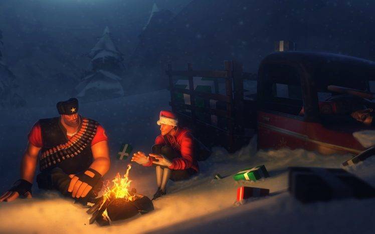 Scout (character), Sniper (TF2), Video Games, Digital Art, Team Fortress 2, Fire, Camping, Presents, Happy New Year, Truck, Heavy, Snow, Campfire HD Wallpaper Desktop Background