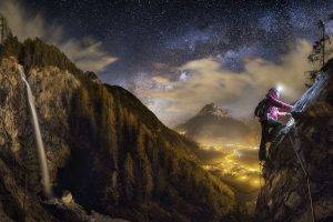 women, Nature, Landscape, Mountains, Clouds, Long Exposure, Trees, Photoshop, Rock Climbing, Ropes, Lights, Night, Stars, Valley, Snowy Peak, Village, Waterfall, Forest, Pine Trees