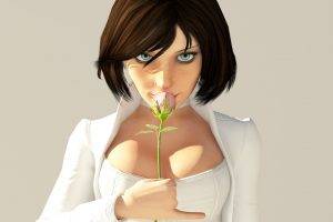 BioShock Infinite, White Background, Pink Flowers, Cleavage, Flowers, Elizabeth (BioShock)