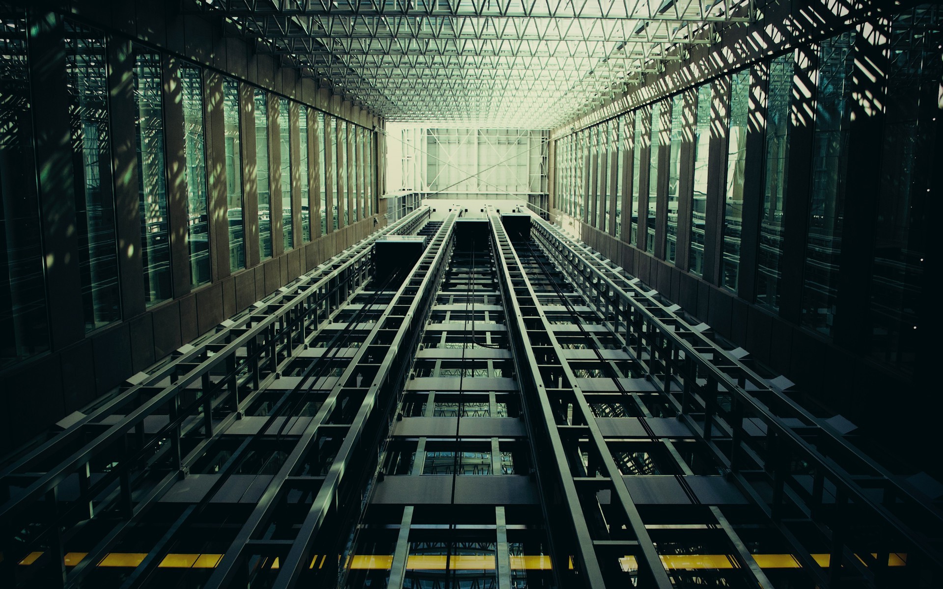 shaft, Glass, Worms Eye View, Wires, Geometry, Modern, Sunlight, Architecture, Building Wallpaper