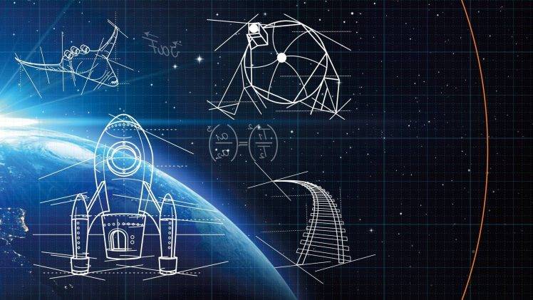 digital Art, Space, Universe, Stars, Planet, Drawing, Geometry, Square, Lines, Sketches, Rockets, Spaceship, Railway, Equation, Earth, Continents, Mathematics, Physics, Science, Formula, Grid HD Wallpaper Desktop Background