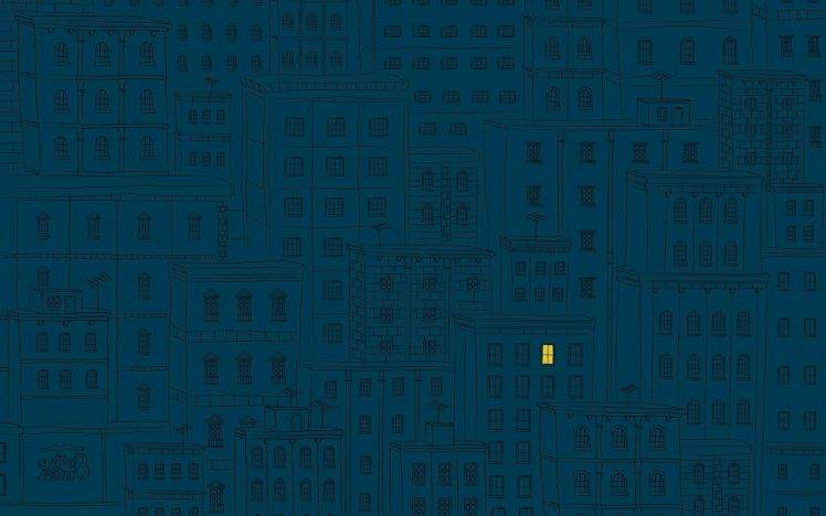 digital Art, Minimalism, Geometry, Square, Building, Blue, Yellow, Window, Alone, Simple Background, Blue Background, Antenna, Drawing, Lights HD Wallpaper Desktop Background