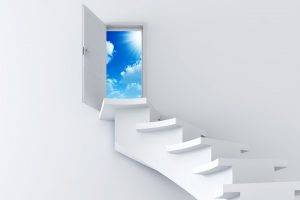 digital Art, White Background, Stairs, Door, Sky, Clouds, Sun