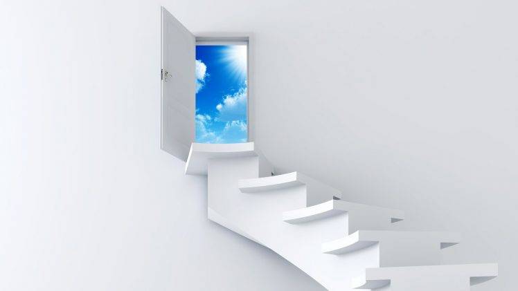 digital Art, White Background, Stairs, Door, Sky, Clouds, Sun HD Wallpaper Desktop Background