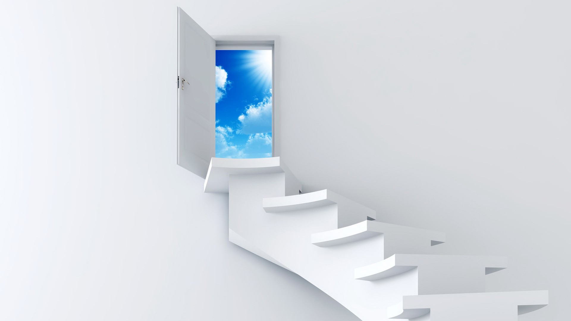 digital Art, White Background, Stairs, Door, Sky, Clouds, Sun Wallpaper