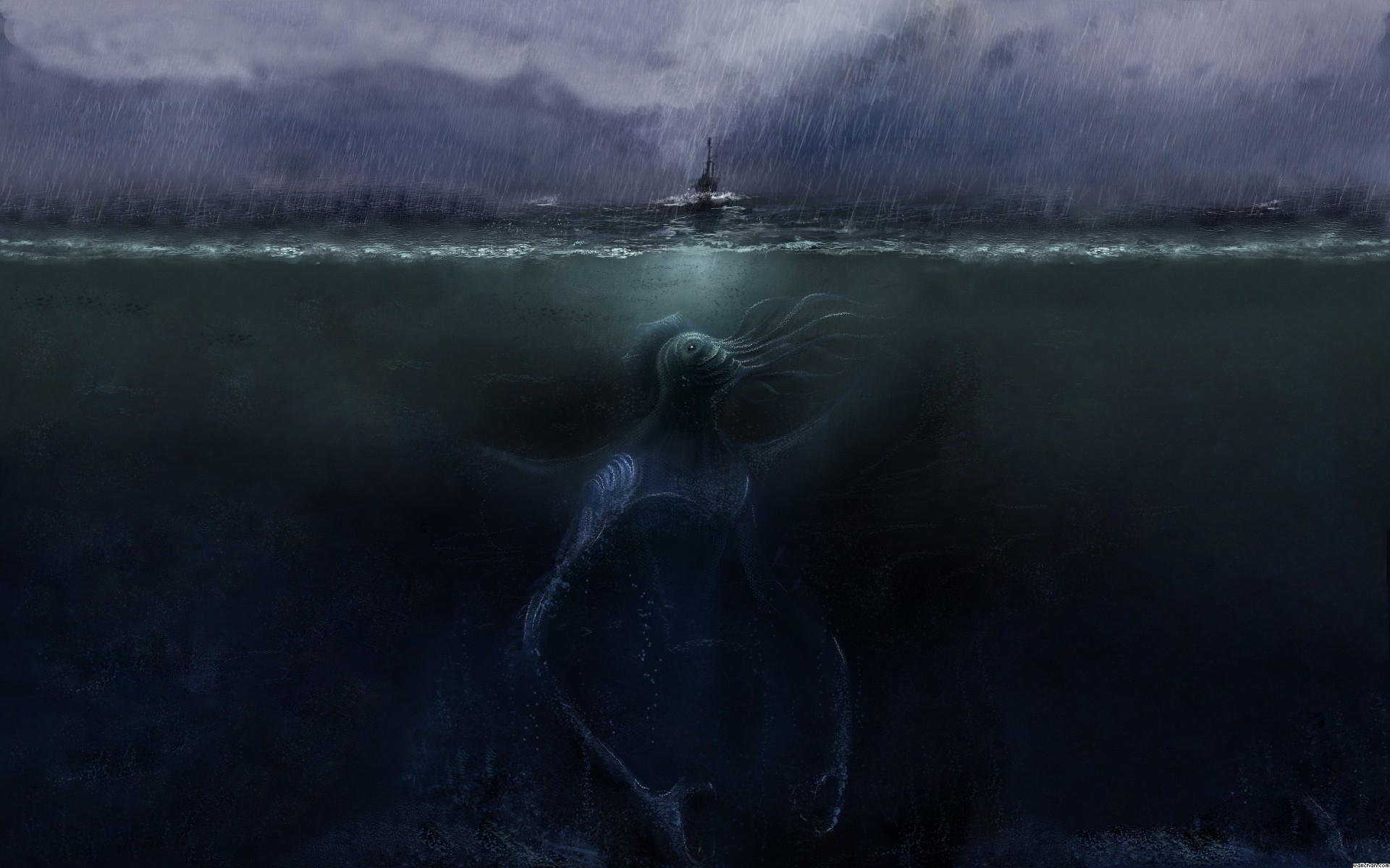 sea Monsters, Sea, Rain, Storm, Digital Art, Cthulhu Wallpaper