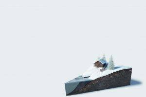 white Background, 3D, Digital Art, Winter, Snow, Cabin