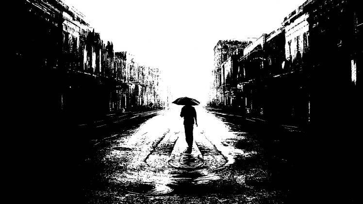 artwork, Digital Art, Umbrella, Building, Street, Black, White HD Wallpaper Desktop Background