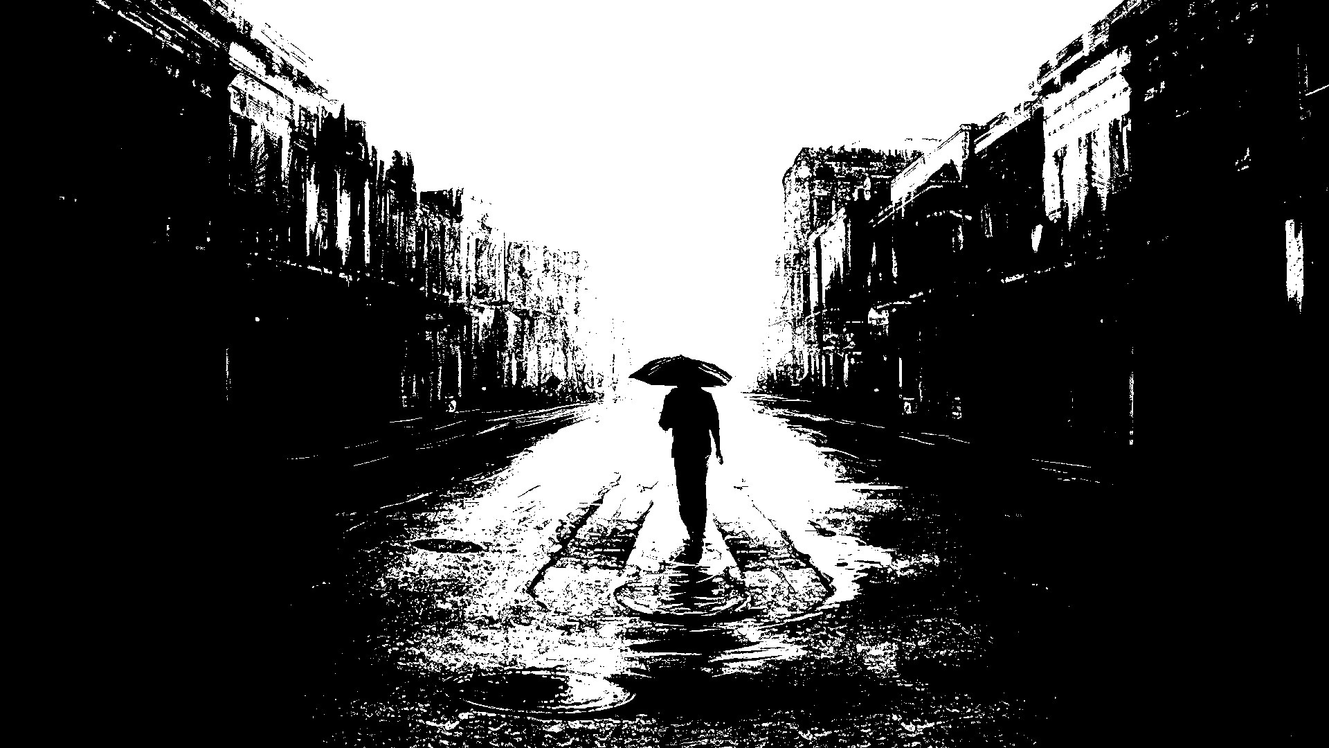 artwork, Digital Art, Umbrella, Building, Street, Black, White Wallpaper