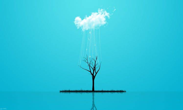 clouds, Trees, Digital Art, Blue Background, Reflection, Ropes HD Wallpaper Desktop Background