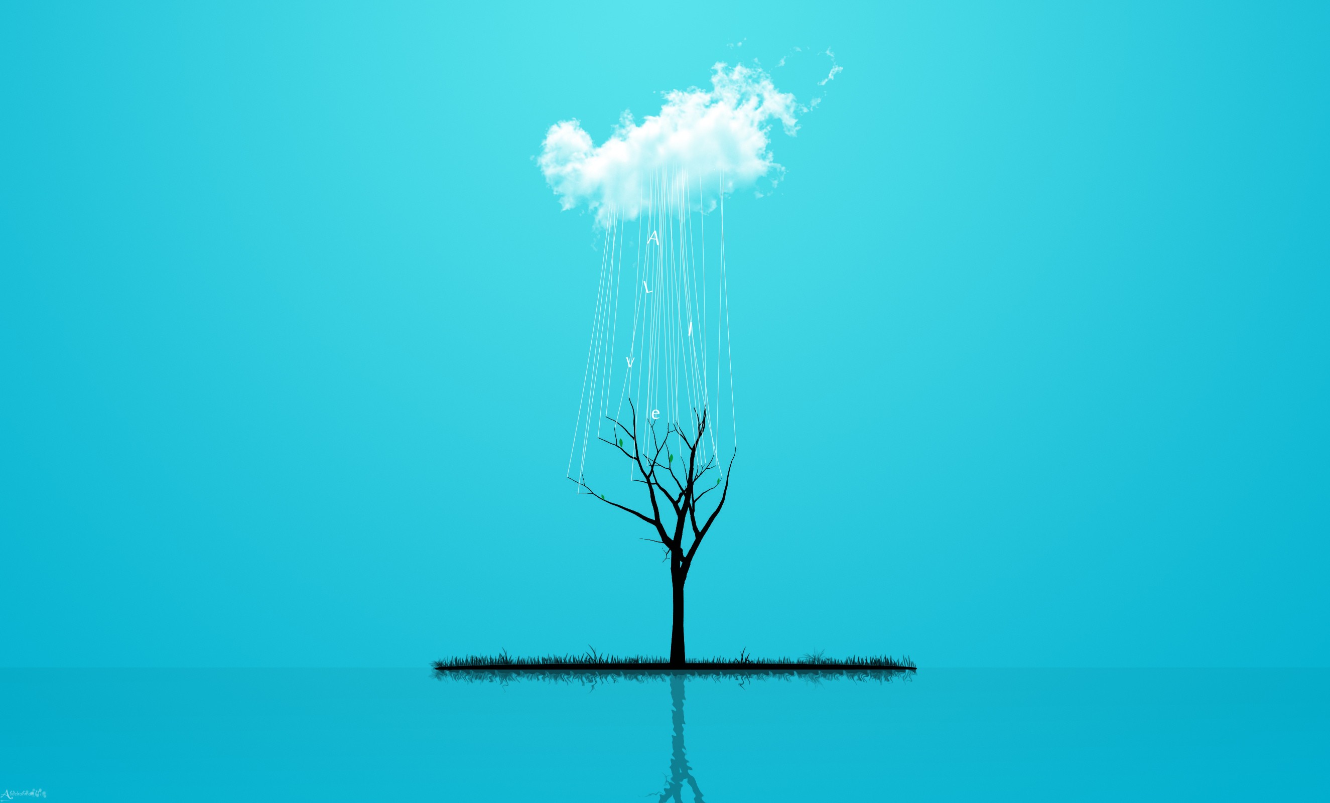 clouds, Trees, Digital Art, Blue Background, Reflection, Ropes Wallpaper