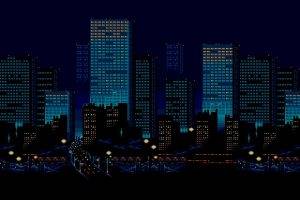 minimalism, Digital Art, Pixels, Pixel Art, Cityscape, Skyscraper, Building, Night, Lights, 3D, Road, Blue Background