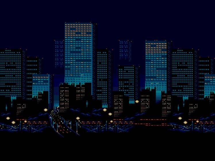 minimalism, Digital Art, Pixels, Pixel Art, Cityscape, Skyscraper, Building, Night, Lights, 3D, Road, Blue Background HD Wallpaper Desktop Background
