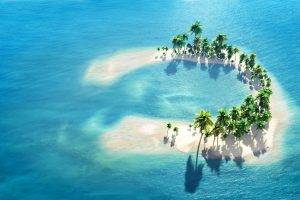 island, Sea, Palm Trees, Digital Art, Artwork