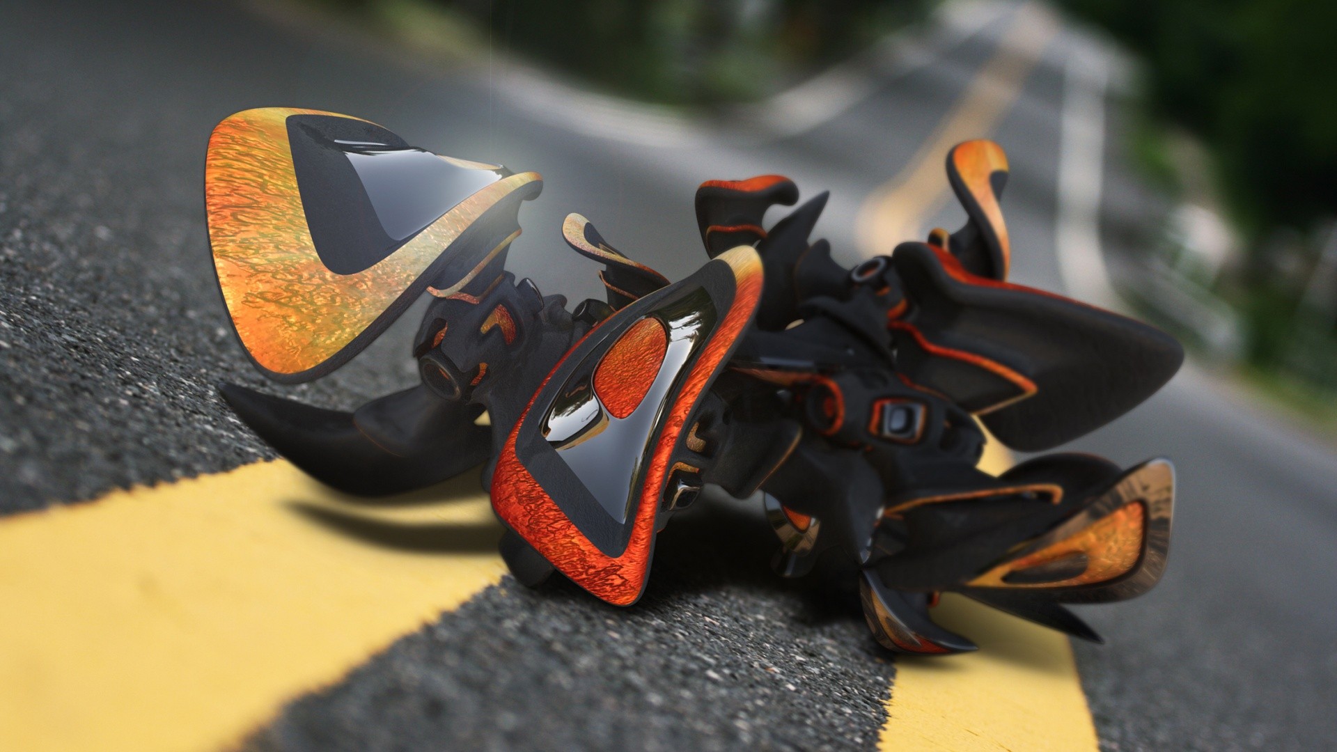 3D, Digital Art, Road, Depth Of Field, Lines, Reflection Wallpaper