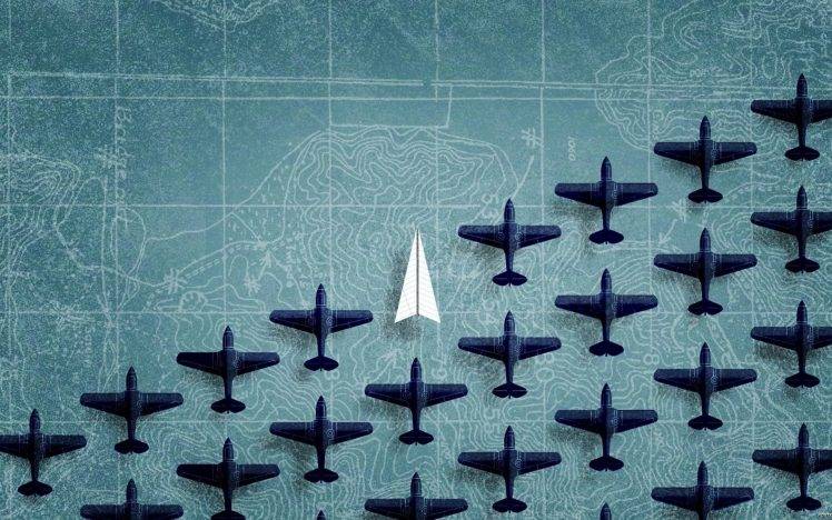digital Art, Minimalism, Aircraft, Paper Planes, Map, Airplane, Blue Background HD Wallpaper Desktop Background