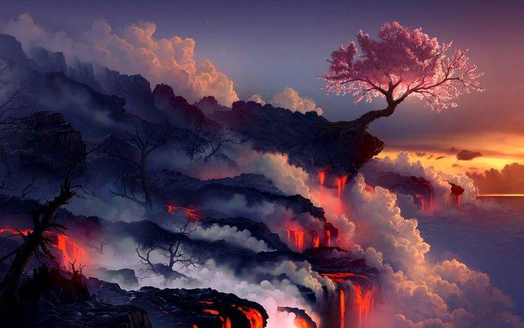 digital Art, Cherry Blossom, Lava HD Wallpaper Desktop Background
