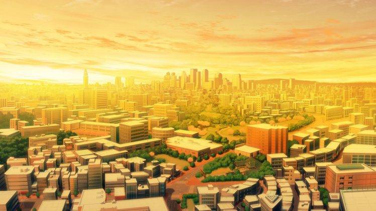 digital Art, Cityscape, Sunrise, Clouds, Building, Skyscraper, Trees, City, Hill, Tokyo HD Wallpaper Desktop Background