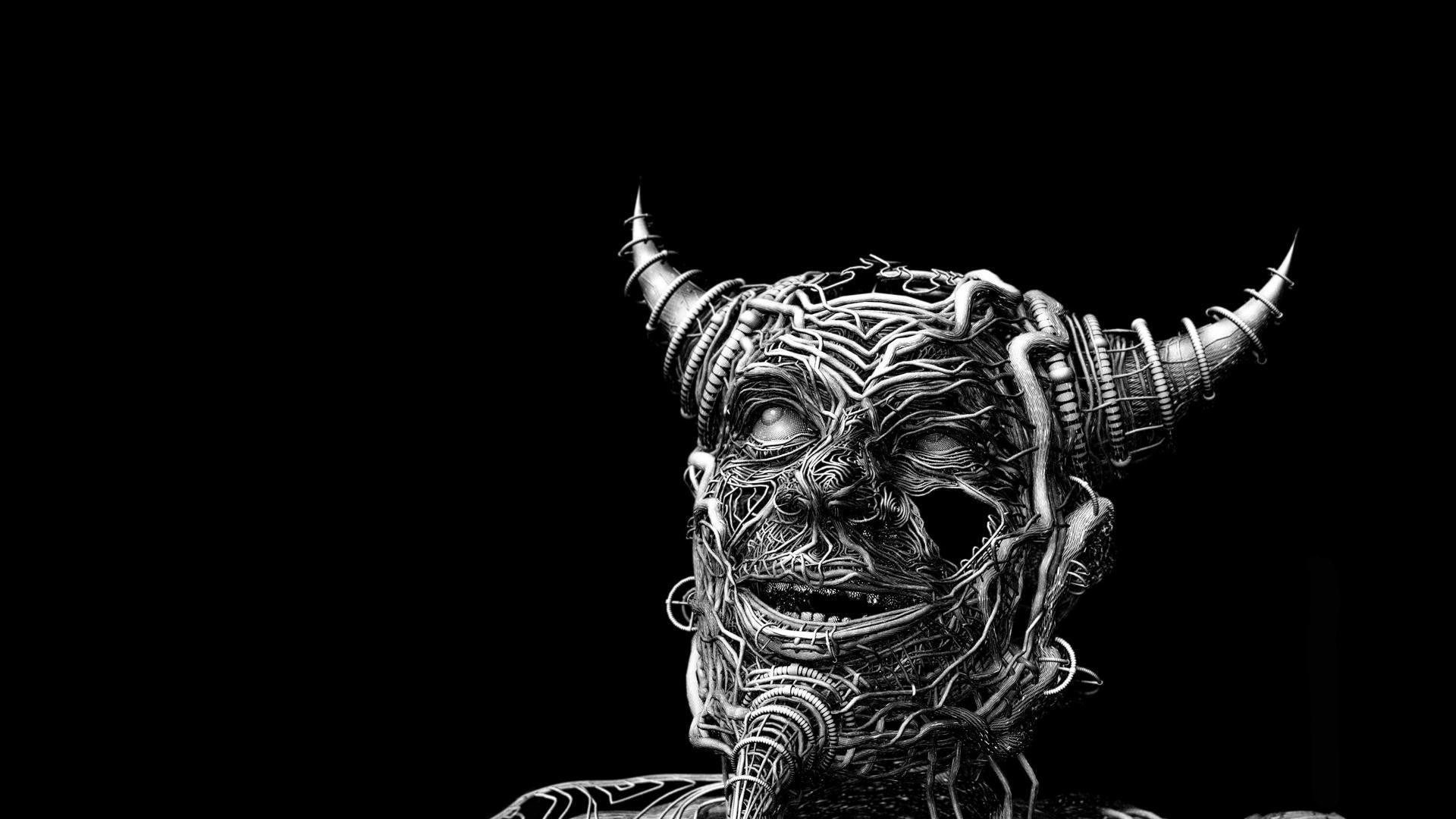 minimalism, Black Background, Digital Art, Monochrome, Creature, Face, Horns, Smiling, Wires, Looking Up Wallpaper