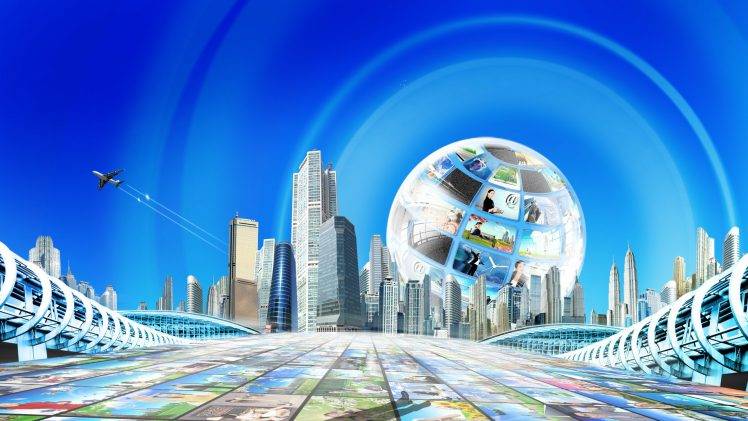 digital Art, Creativity, Futuristic, Science Fiction, Globes, Architecture, Skyscraper, Tunnel, Airplane, Cityscape, Tiles, Crop Circles, Blue, Men, Women, Shadow HD Wallpaper Desktop Background