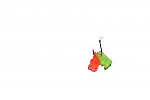 minimalism, Digital Art, Fish Hooks, Sweets, Gummy Bears, Red, Green, White Background