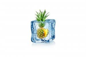 minimalism, White Background, Digital Art, Ice Cubes, Pineapples, Leaves, Water Drops