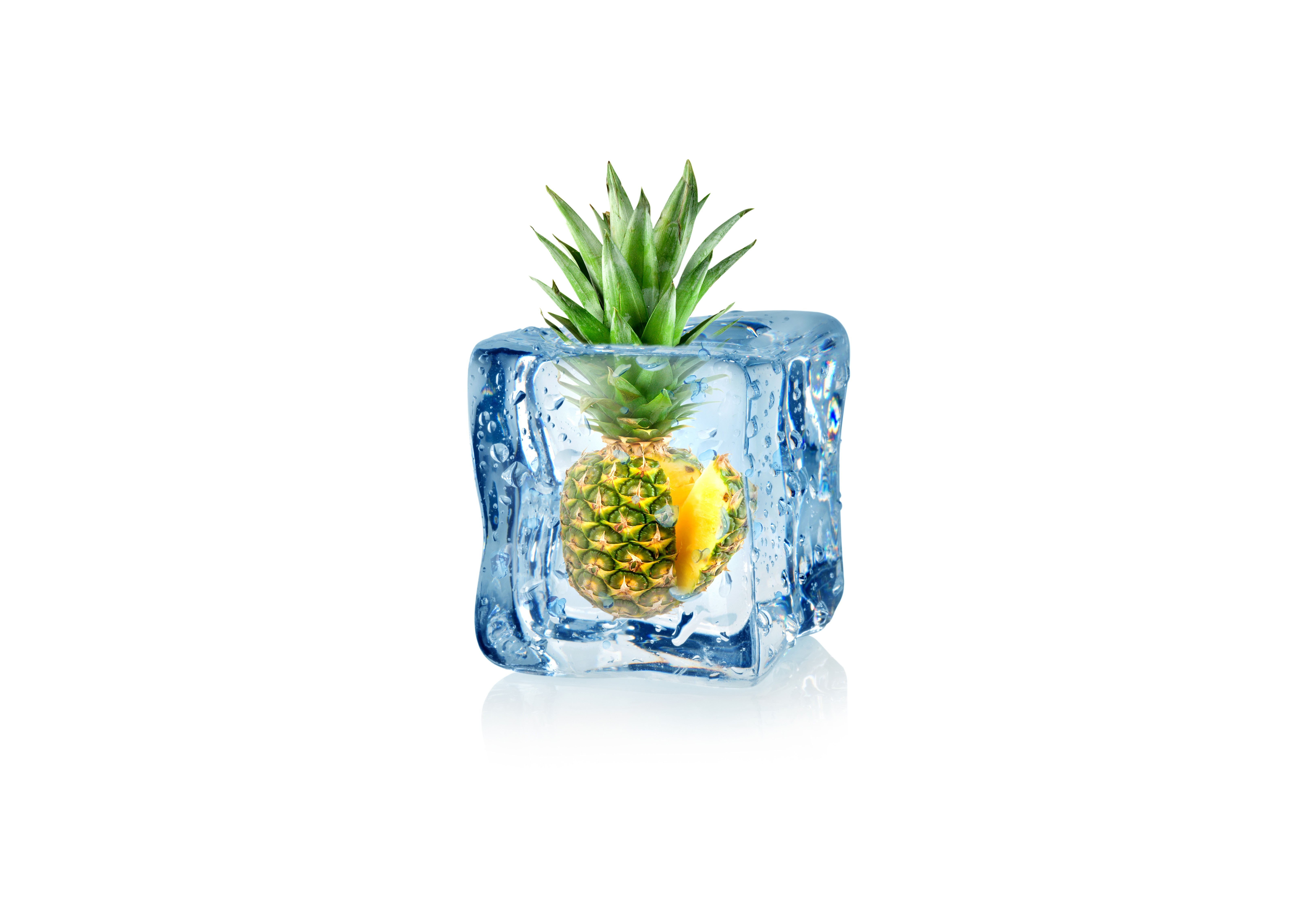 minimalism, White Background, Digital Art, Ice Cubes, Pineapples, Leaves, Water Drops Wallpaper