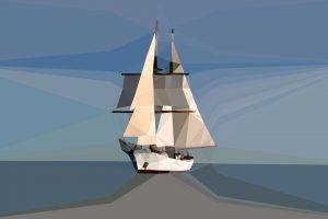 minimalism, Blue, Horizon, Low Poly, Sailing Ship, Digital Art, Sea, Sky