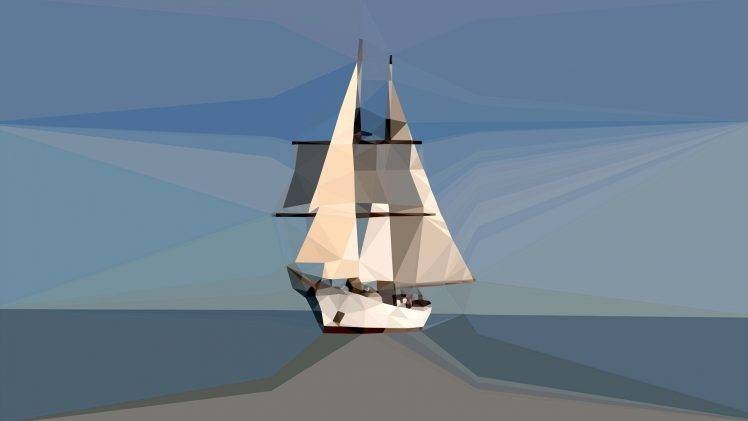 minimalism, Blue, Horizon, Low Poly, Sailing Ship, Digital Art, Sea, Sky HD Wallpaper Desktop Background