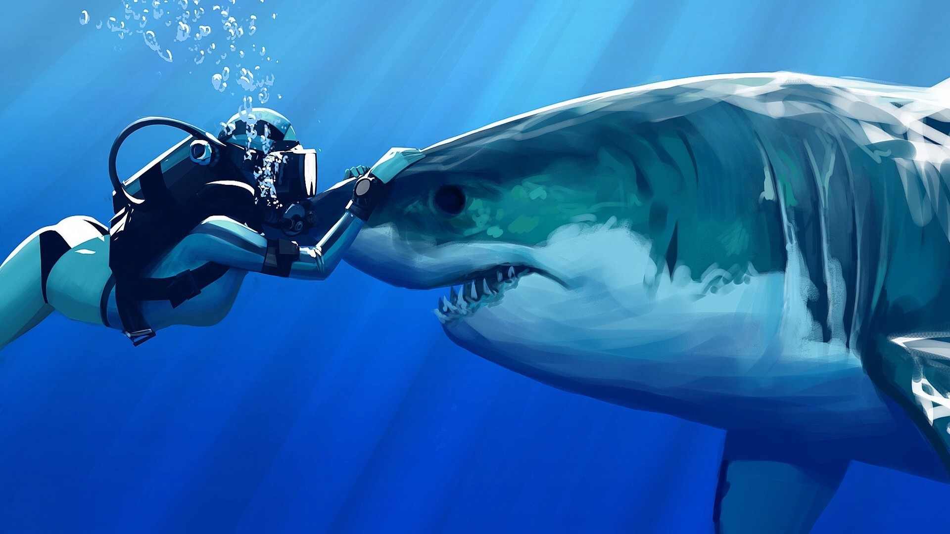 digital Art, Drawing, Underwater, Shark, Sun Rays, Blue, Sea, Bubbles, Teeth, Women, Divers, Great White Shark Wallpaper