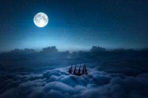 digital Art, Ship, Moon, Clouds, Night