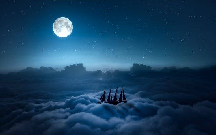 digital Art, Ship, Moon, Clouds, Night HD Wallpaper Desktop Background